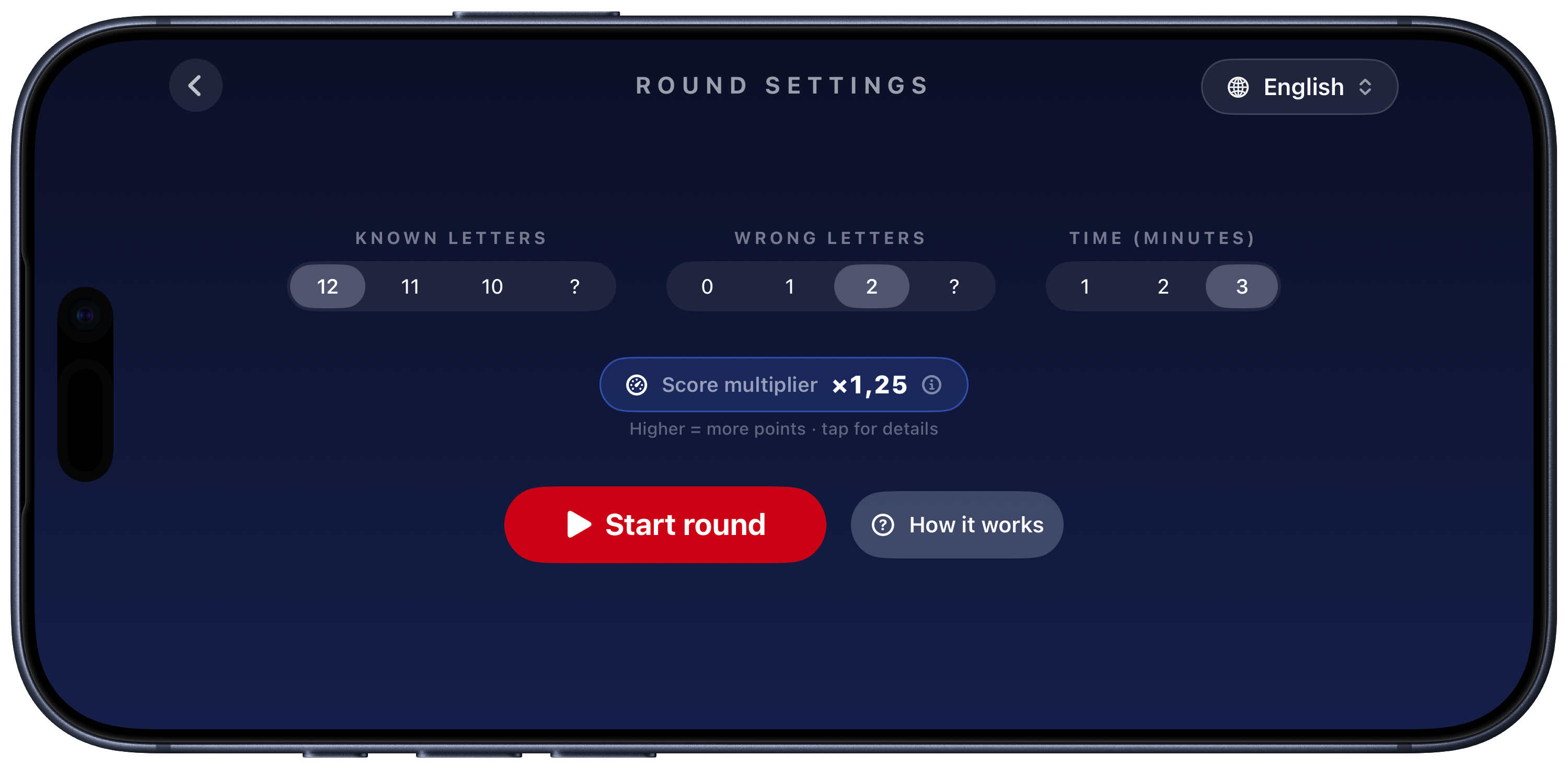 Twelve Letters round settings