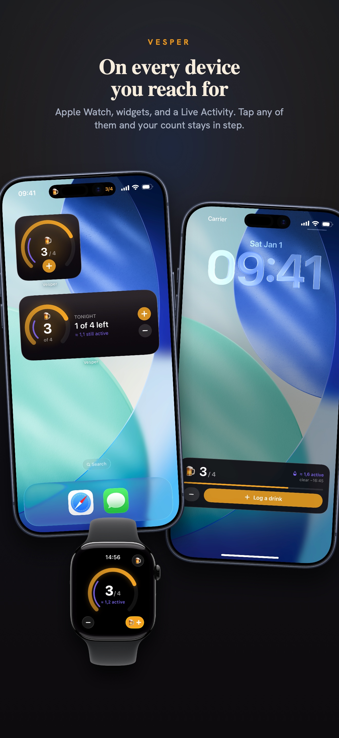 Vesper on iPhone widgets, Lock Screen, and Apple Watch